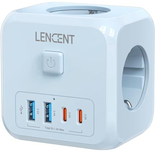 LENCENT Cubo Enchufe USB 7 en 1, Ladron Enchufes 4000W, Cubo Enchufes Múltiples Pared con 3 Tomas de CA, 2 USB-A, 2 Tipo-C y Interruptor, Cargador para Oficina, Cocina y Habitación, Azul
