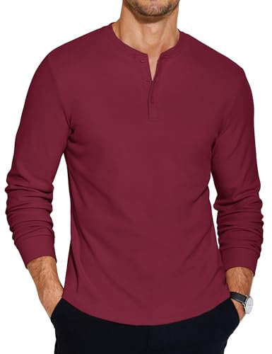 COOFANDY Mens Henley Shirts Long Sleeve Grandad Style T-Shirts Winter Tops for Men UK Button Casual Shirt Winter Red M