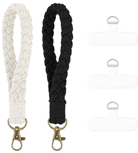 AOZUO Phone Wrist Strap, 2Pcs Handmade Cell Phone Lanyard, Smartphone Wristlet Keychain with Tether Tabs Connector Patch, Phone Case Wrist Lanyard for Women Girls Running Hiking Walking (White, Black)