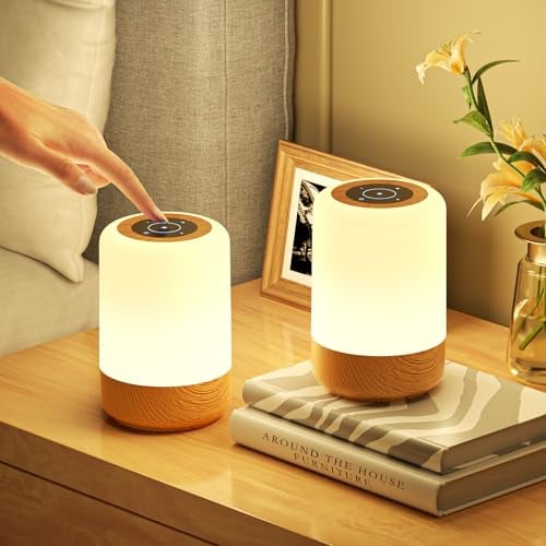 Görvitor Bedside Lamp, Set of 2, Touch Dimmable with 8 Colours, 3 Modes, Wood Grain LED Table Lamp, Wireless USB Rechargeable with Timer, Baby Night Light, Children, Nursing Light, Dimmable