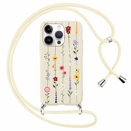 Yoedge Coque avec Cordon pour iPhone 13 Pro 6,1, Étui Réglable Laniere Tour de Cou Corde Collier Case avec Aesthetic Motif Fleur, Mince TPU Silicone Antichoc Housse Cover pour iPhone 13 Pro, Beige2