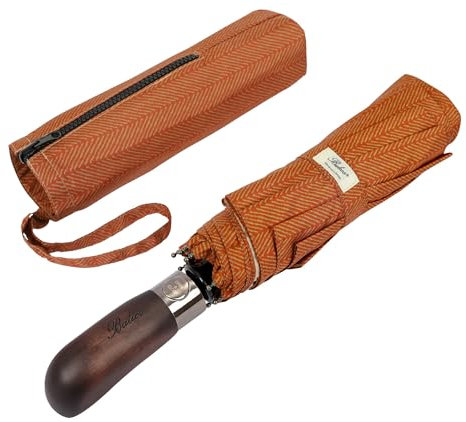 Balios Parapluie pliant avec poignée en bois véritable, ouverture et fermeture automatique