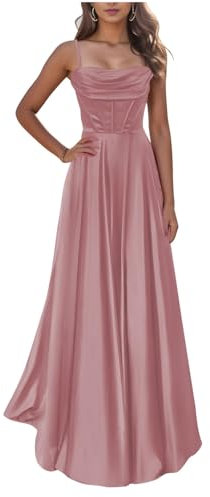 KURFACE Robe de bal en satin pour adolescentes, col bénitier et bretelles spaghetti, longue robe de bal formelle pour femmes, vieux rose, 36