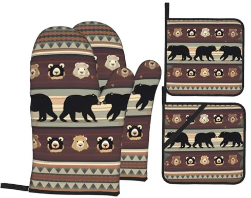 Lot de 4 maniques et maniques avec motif ours - Résistants à la chaleur et antidérapants - Pour cuisine, pâtisserie, grillades