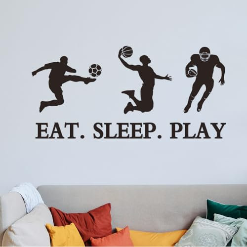 SUPERDANT Wandsticker Eat Sleep Play Ball Wandaufkleber Fußball Basketball Rugby Wandtattoo Ballsport Wanddekoration Aufkleber Vinyl Wandsticker Für Basketball Arena Schlafzimmer Wohnzimmer Flure