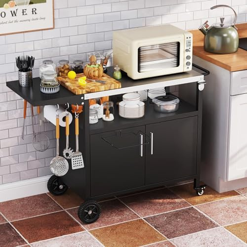 RELAX4LIFECarrello Barbecue a 3 Piani, con Piano Pieghevole, Porta Asciugamani di Carta, 4 Ruote e 6 Ganci, Ripiano Aperto e Armadietto, per Picnic Feste