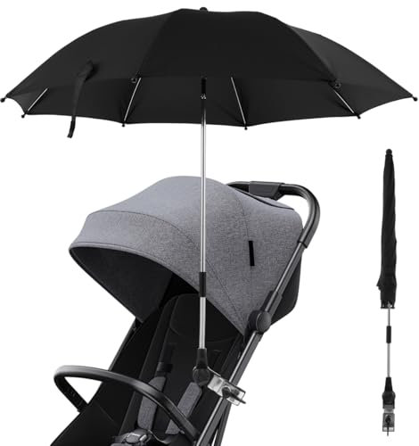 SUPPUIMNT Ombrelle Poussette,Protection UV 50+ Parasol Portable de Pinces Réglables,Diamètre 75 cm et 85 cm,Parasol avec Pince Réglable pour Poussettes, Fauteuils Roulants, de Terrasse (Noir 75cm)