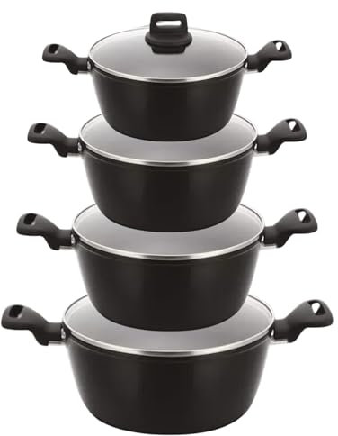 Induction Stock Pot 4-Piece Set Non-Stick Cooking Pot with Ceramic Coating Aluminum Casserole Set with Glass Lids Black Stackable Design