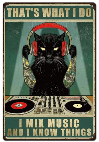 SUPERDANT DJ Katze Blechschilder Musikalische Blechschild Blechtafel Ich Mixe Musik Und Weiß Bescheid Metallschild Lustige Sprüche Metallschilder Für Männerhöhle Wohnzimmer Geschenk Für Musikliebhaber