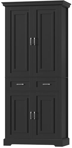 FirFurd 180cm hoch Küchenschrank, Mehrzweckschrank, Vorratsschrank, schwarz | Mehrzweckschrank mit 4 Türen & Schublade, Hochschrank, Buffetschrank, Küchenschrank hoch für Wohnzimmer, Küche, 80x40x180,5cm