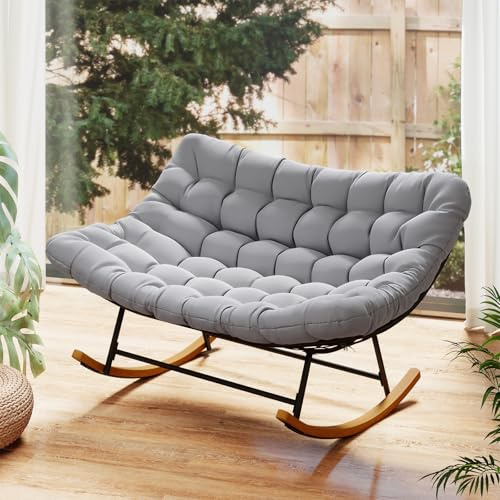 COSTWAY Schaukelstuhl 2 Personen Outdoor, Schaukelsessel mit dickem Kissen | XXL Relaxsessel bis 320 kg belastbar, für Balkon, Garten und Wohnzimmer, Hellgrau