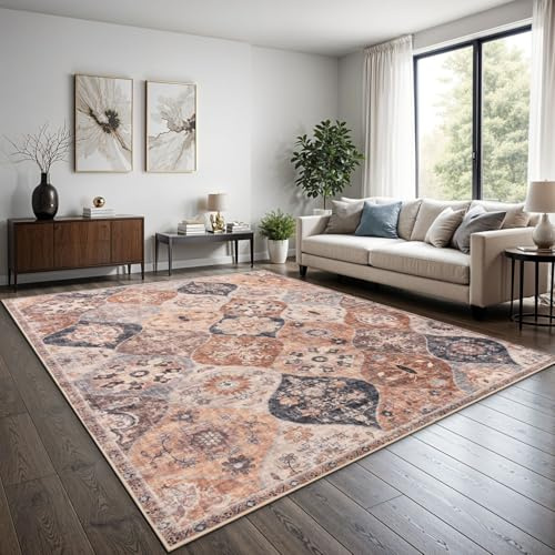 TT Home Boho Vintage Teppich Wohnzimmer Kurzflor - Retro Design, rutschfest & pflegeleicht, modern für Esszimmer & Flur Waschbar, Farbe:Beige 1, Größe:240x340 cm