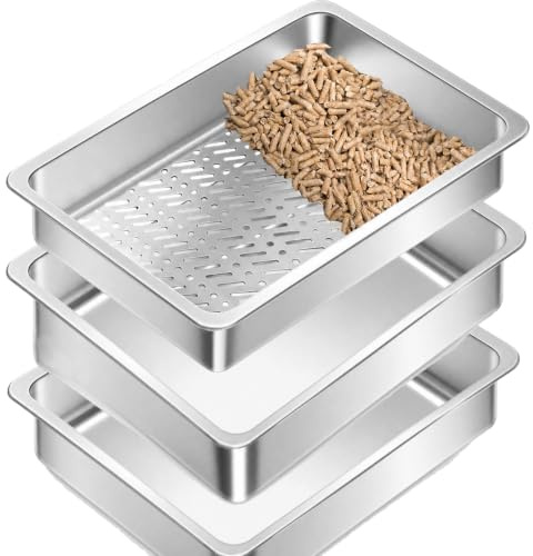 Stainless Steel Sifting Cat Litter Box Double-layer Metal Litter Boxes, Large Metal Sifting Litter Pan For Pine Pellets, Easy-Clean Surface (23.6 x 15.7 x 5.9)