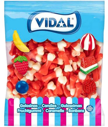 Vidal Delizie. Ossa Glitter Fragola. Gominolle a forma di osso con consistenza di gelatina e sapore di fragola. Colori bianco e rosso. Senza glutine e grassi. Borsa 1 kg