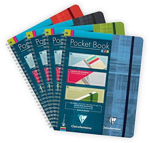 Clairefontaine 68566C - Spiralheft / Notizbuch mit Doppelspirale Pocket Book DIN A5+ 16x21 cm, mit Gummizug, 60 Blatt liniert 90g, 3 Register für eine einfache Organisation, farbig sortiert, 1 Stück
