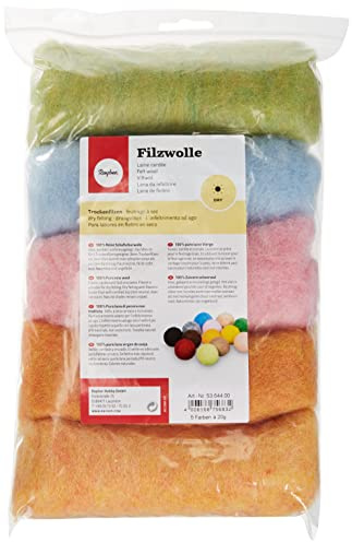 Rayher Hobby Rayher Filzwolle, reine Schurwolle, Vlies, Sommermix Pastelltöne, meliert, Set 5 Farben à 20 g, Filzwolle 100 g, 100% Wolle zum Filzen, Märchenwolle, 5364400