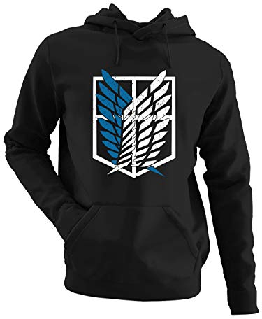 clothinx AOT Scouting Legion 2-Farb Variante Anime und Manga Design mit Titan Aufklärungstrupp Wappen-Schild Perfekt für Cosplay Fans und die nächste Convention Herren Kapuzen-Pullover Schwarz Gr. S