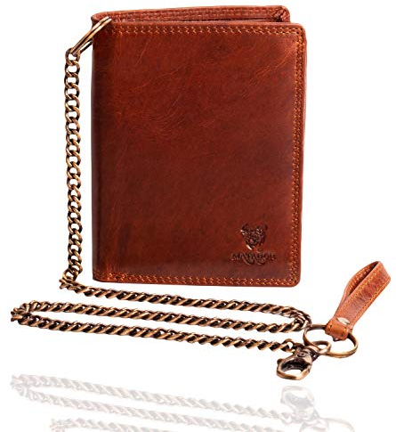 MATADOR Herren Biker Geldbörse Portemonnaie Leder mit Kette | Brieftasche Portmonee Männer mit RFID Schutz & Geschenk-Box | Geldtasche Geldbeutel Lederportmonai Herrenbrieftasche Leder Vintage Braun