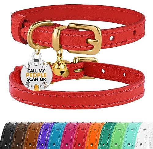 BRONZEDOG Katzenhalsband aus Leder mit Glöckchen, Nicht abreißbar, QR-Tag für Mädchen und Jungen (Rot und Gold, 23-28 cm)
