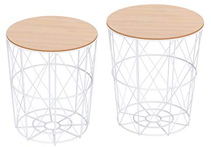 HOMCOM Juego de 2 Mesas Auxiliares de Salón Modernas Mesas de Centro Redondas con Tapa Extraíble y Estructura Metálica para Dormitorios Ø40x45 cm y Ø35x40 cm Blanco