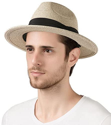 Lanzom Sommer Strand Sonnenhüte für Männer Frauen Faltbare Schlapphüte Reise verstaubar Staw Hut, breite Krempe Hut, Beige gemischt, Large