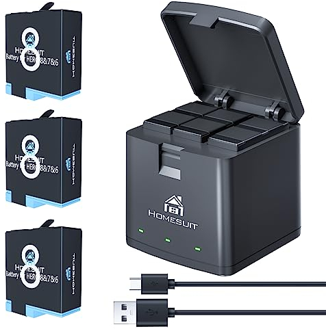 Homesuit Hero 8 Akku 1500mAh und 3-Kanal USB Speicherladegerät Kit für Hero 8 7 6 5 Black mit Typ-C USB Kabel (3er-Pack)
