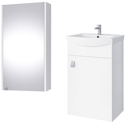 Planetmöbel Badmöbel Set Waschtisch mit Unterschrank 45 x 60 x 33 cm mit Spiegelschrank 40 cm für Badezimmer, Gäste WC & Bad, Weiß