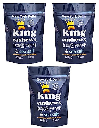 New York Delhi King Cashews, Cracked Black Pepper and Sea Salt, Oven Baked Cashew nuts, Vegan & Gluten Free. 120g x Pack of 3