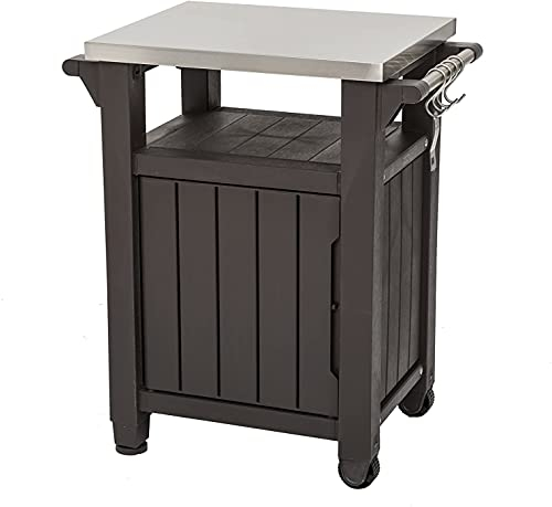 Ondis24 Keter Unity Grilltisch BBQ Beistelltisch mit Edelstahlplatte, Rollen und 135 Liter Stauraum wetterfest