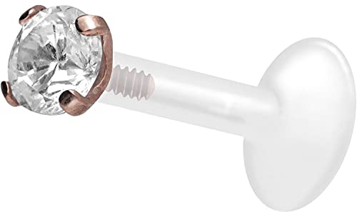 PIERCINGLINE PTFE Labret mit Gewinde Titan AUFSATZ KRISTALL 3 mm Roségoldfarben 1,2 x 8 mm Piercing Lippe Nase Ohr