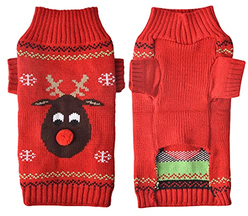 TENGZHI Christmas Dog Costumes Knitted Pet Dog Christmas Sweater,Reindeer Holiday Pet Clothes Jumper For Small Medium Large Dogs Puppy Kitten Cats (Small, Red Nose Ugly Sweater)