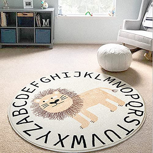 Poowe Runder Kinderteppich für Spielzimmer, weicher Alphabet-Teppich für Schlafzimmer, Spiel-Kollektion, Lern- und Spielteppich für Klassenzimmer, 100 cm, kleiner Löwe)