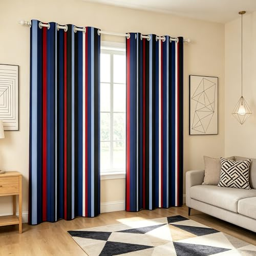 feelingyou Striped Blackout Curtains,Red Blue White Stripes Window Drapes for Kids Boys,Geometric Shape Lightweight Polyester for Dorm Bedroom and Living Room, 46Wx72L inch
