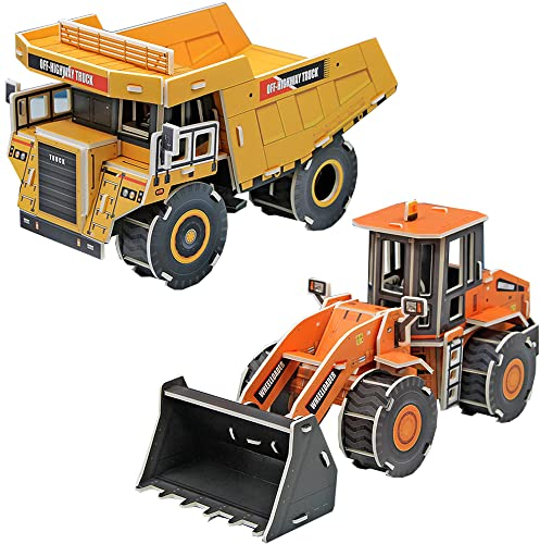 Fycooler 3D-Puzzles Kinderpuzzle - Baufahrzeuge LKW Kipper/Bulldozer 3D Puzzle Jungen DIY Spielzeug Kit Modellbausatz/3D-Kartonmodellbausatz Autos Bastelset für Kinder Geburtstag Geschenke Dekoration