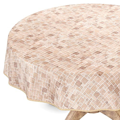 Wachstuchtischdecke Wachstuch Vinyl abwischbar Wachstischdecke Tischdecke Rund 120cm mit Saum Fliesen Beige