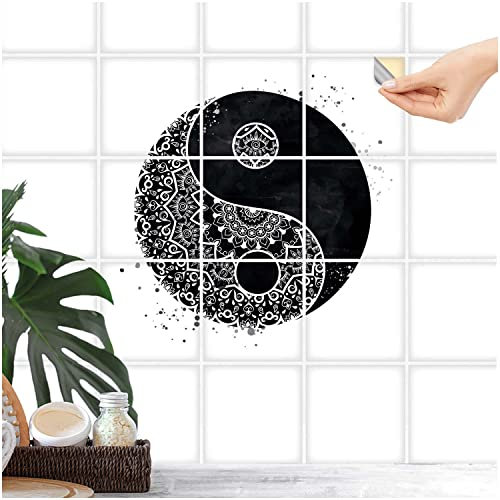 FoLIESEN Fliesenaufkleber - Deko-Bild für Bad, Küche, Badezimmer - Dekoration Fliesen-Bild selbstklebend - Ying Yang Mandala, Fliese - Bild (BxH):10x10 cm - 6 Stück