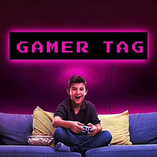 Personalised Led Gamer Name Tag Wall Light, Neon Sign Customizable Wall Decor 7 Color Changing Light Up Wall Mounted Christmas Night Light for Boys Livingroom Bedroom Game Room