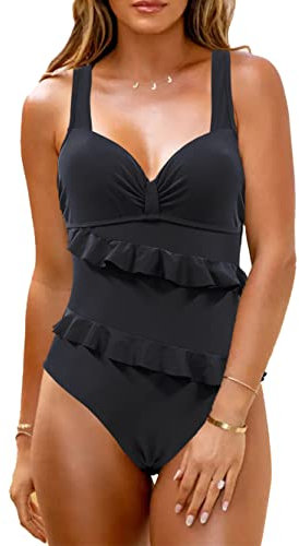 JFAN Costume Intero Donna Piscina Push up Costume Donna Mare Costumi Interi Curvy con Doppio Volant Controllo Pancia Nero L