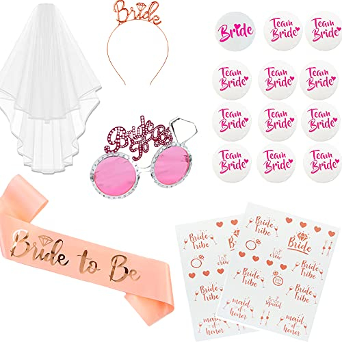Addio al Nubilato Decorazione,18 Pezzi Cerchietto Tiara e Velo Matrimonio Tatuaggi Badge Occhiali Rosa per Addio al Nubilato Gadget