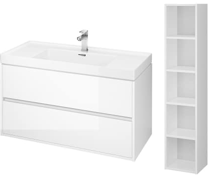 BAD LAND Badmöbel Komplett-Set Crea Weiß Waschbecken-Unterschrank 100cm mit Hochschrank 140cm, Keramikwaschbecken, Badezimmermöbel, Badregal, 2-Schubladen