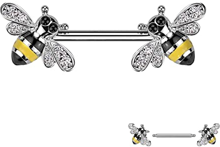 Treuheld® Brustpiercing mit Bienen und Kristallen | Piercing Stab [01.] Silber