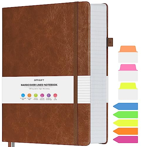 OFFIGIFT Notizbuch A4 liniert, Hardcover Tagebuch mit 312 Nummerierten Seiten, 100g/m² Tintenfestes Papier Dickes Tagebücher, Leder Tagebuch für Erwachsene Frauen Männer, 21,6 x 28,8 cm, Braun