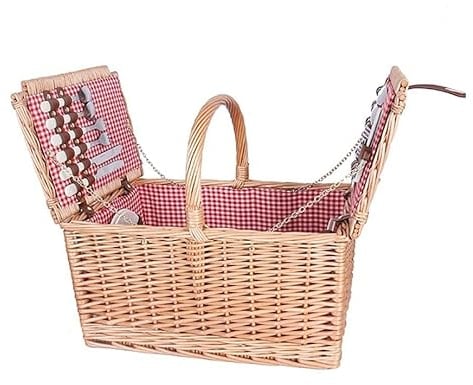 FURLOU Picknickkorb Weide mit Besteck Picknickmatte groß für 4 Personen mit Deckel 47x32x23cm