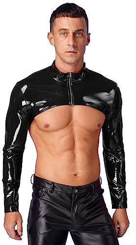 FEESHOW Herren Glänzendes Lackleder Jacke Crop Top Bauchfrei Kurz Latex Optik Muskelshirt Shrug Top Party Clubwear