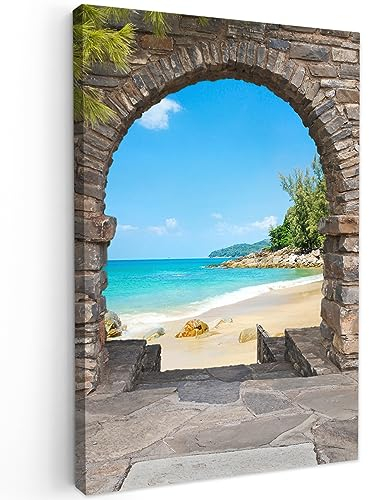 MuchoWow© Bild auf Leinwand Groß 80x120 cm XXL Schlafzimmer Bilder Wand Deko Wohnzimmer Modern Wanddeko Bilderwand Geschenk Fensterblick - Strand - Tropisch - Sommer