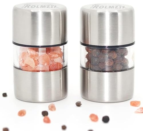 ROLMZJX Mini Salt and Pepper Grinder Set, Travel Salt and Pepper Sets,Camping Salt and Pepper Set,Salt Grinder for Home Kitchen BBQ Outdoors(2 Pcs)