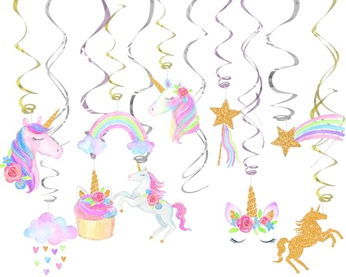 GAKA FAVOR 20 Stück Wirbel Deko Einhorn Spiralen Girlande Folien Deckenhänger Einhorn Spiral Deko für Mädchen Geburtstag, Hochzeit, Silvester oder Karneval Partydeko
