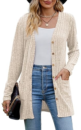 MYCOLORBLUE Alte Zeiten Strickjacken für Damen Elegant Cardigan Gerippt Langarm Knopfleiste mit Taschen Strickcardigan Beige XL