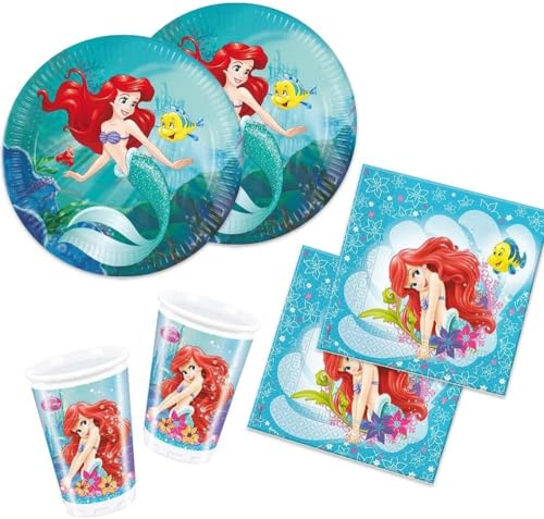 Kit Festa 8 Persone Set Tavola Addobbi Party Compleanno con 8 Piatti, 8 Bicchieri e tovaglioli Ariel Sirenetta