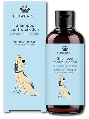 FLOWER PET, Shampoo Controlla Odori per Cani, Specifico per Il Cattivo Odore, Azione Purificante, Rafforza Il Pelo e Dona Lucentezza e Pettinabilità, con Estratti di Canapa, Limone e Timo, 250 ml